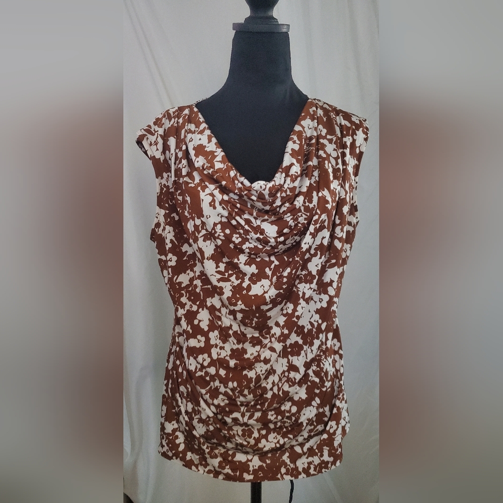 Jones New York Chocolate and Ivory Cowl Neck Blouse
